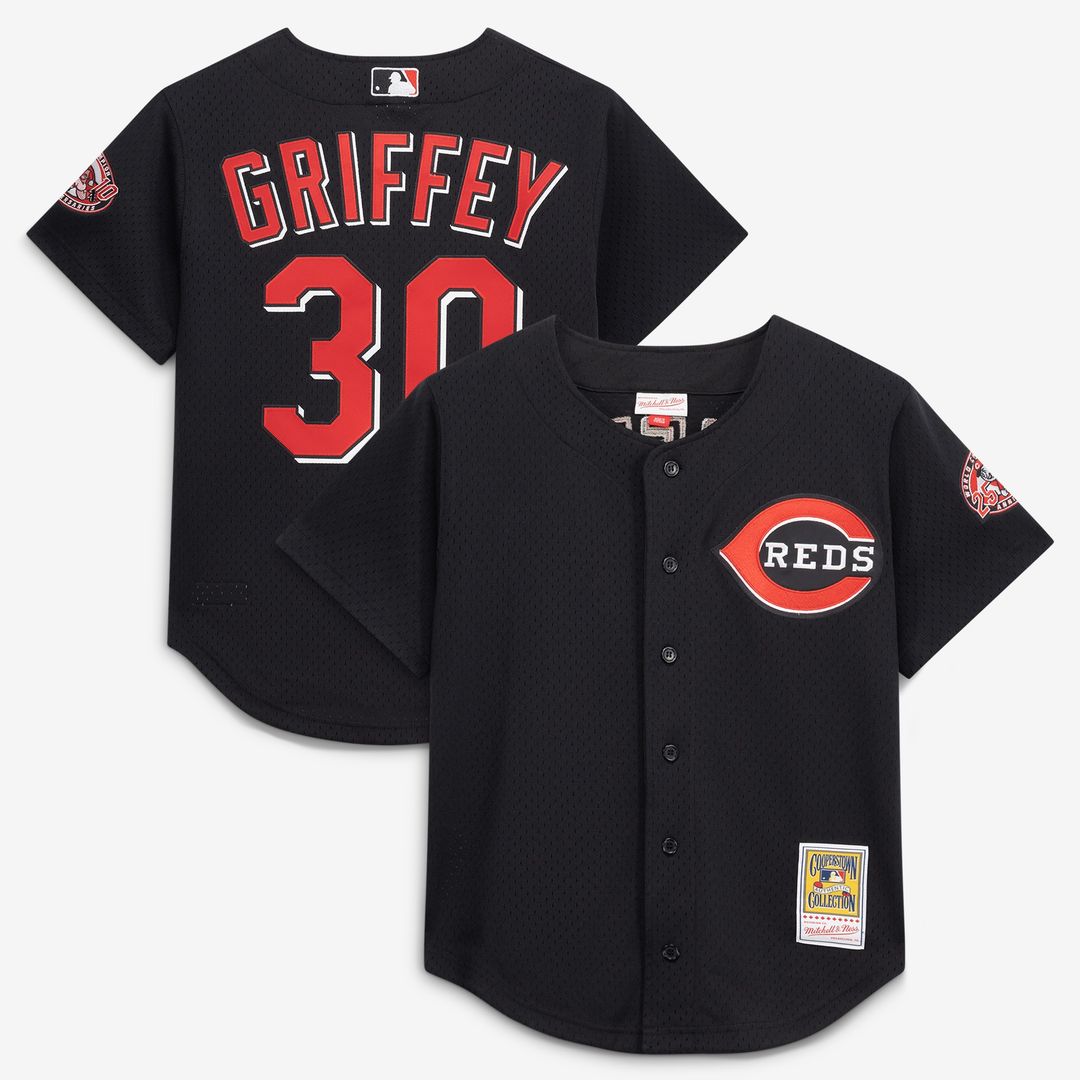 Ken Griffey Jr. Cincinnati Reds Mitchell & Ness Cooperstown Collection Mesh Batting Practice Button-Up Jersey - Black